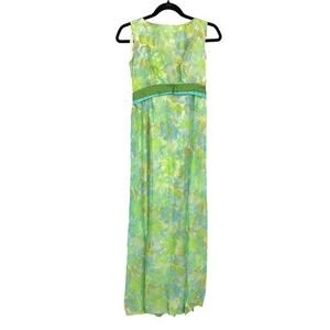 Vintage 60s Maxi Dress with Train Womens XS/S Green Watercolor Floral Print Bow